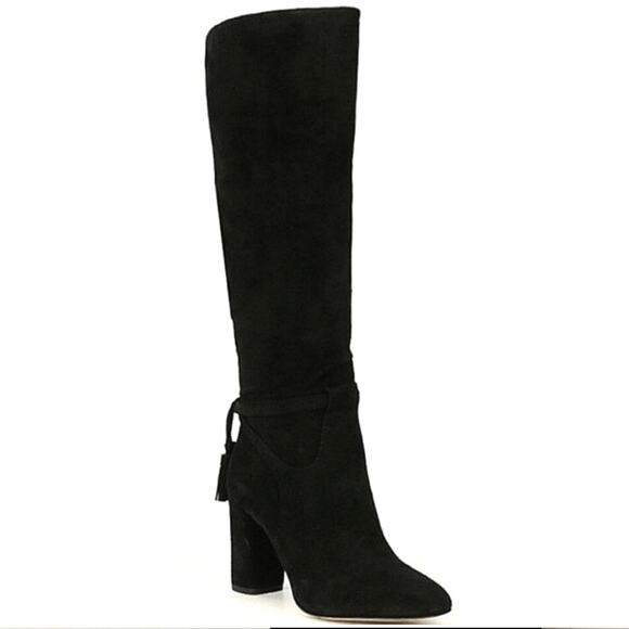 Gibson Latimer | Suede Sheep Leather Heeled Knee High Black Boots with Tassels - Picture 1 of 14